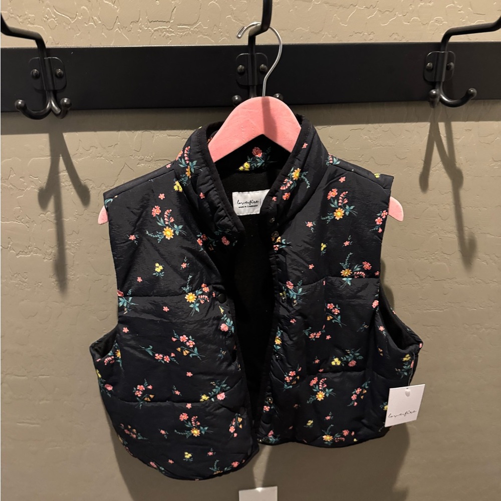 love, Fire Floral Puffer Vest - Black and Multicolor